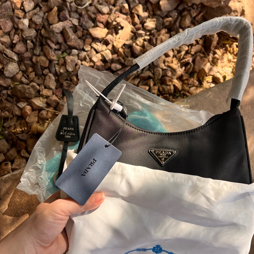 Prada Black Structured Shoulder Bag with Logo Emblem